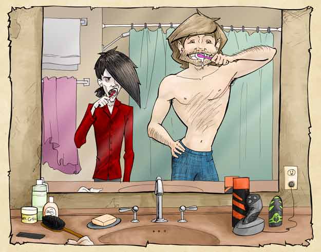 Frank and Darrick brush their teeth